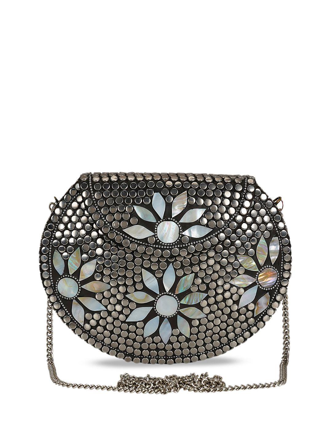 anekaant silver-toned mosaic embellished metal purse