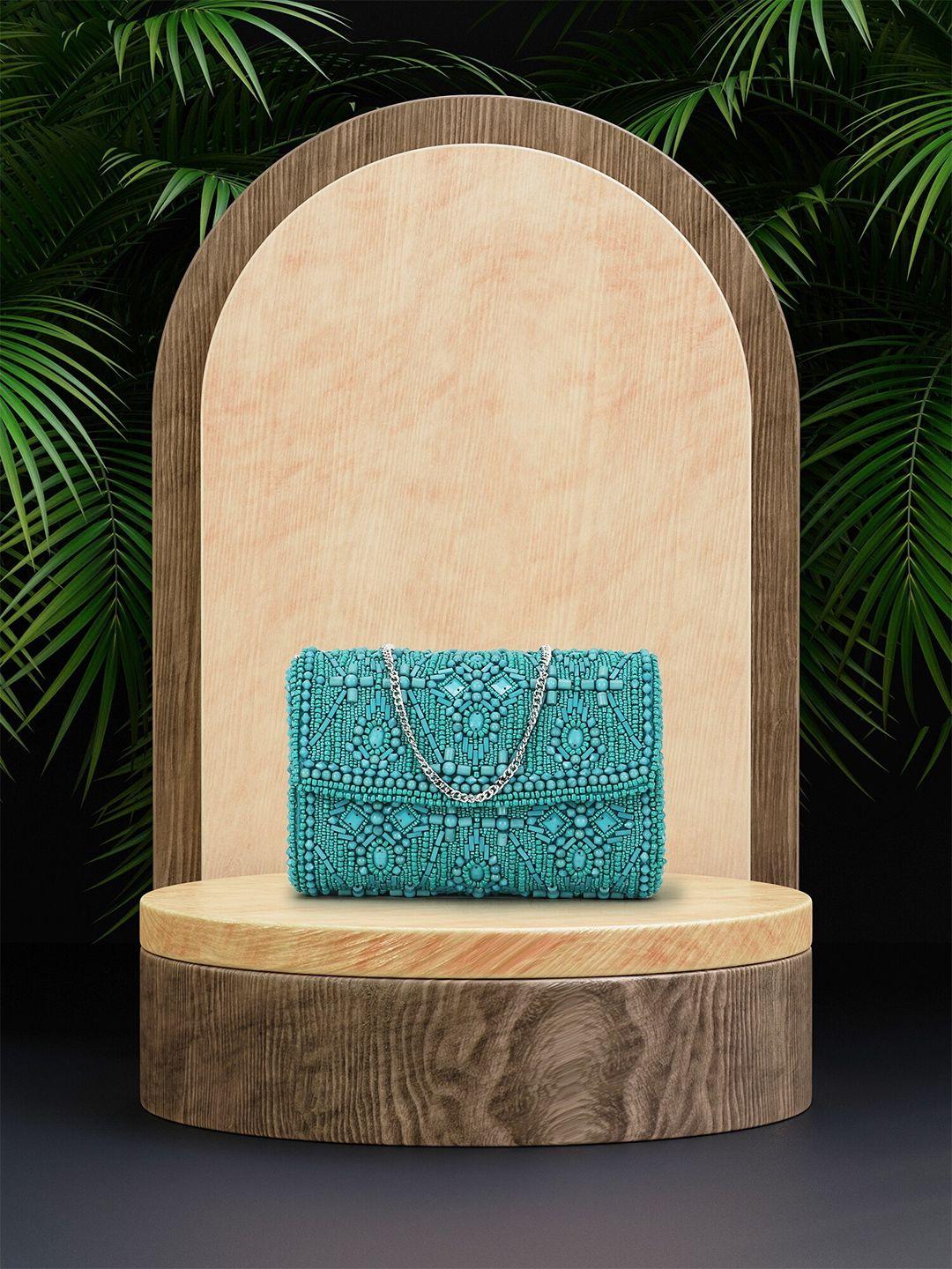 anekaant teal embellished foldover clutch