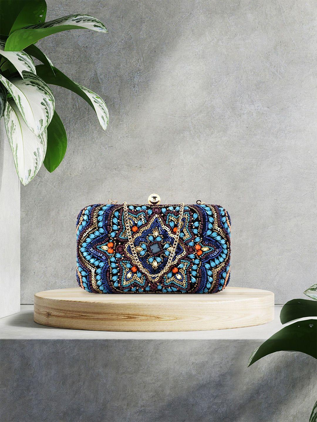 anekaant turquoise blue & gold-toned embellished box clutch