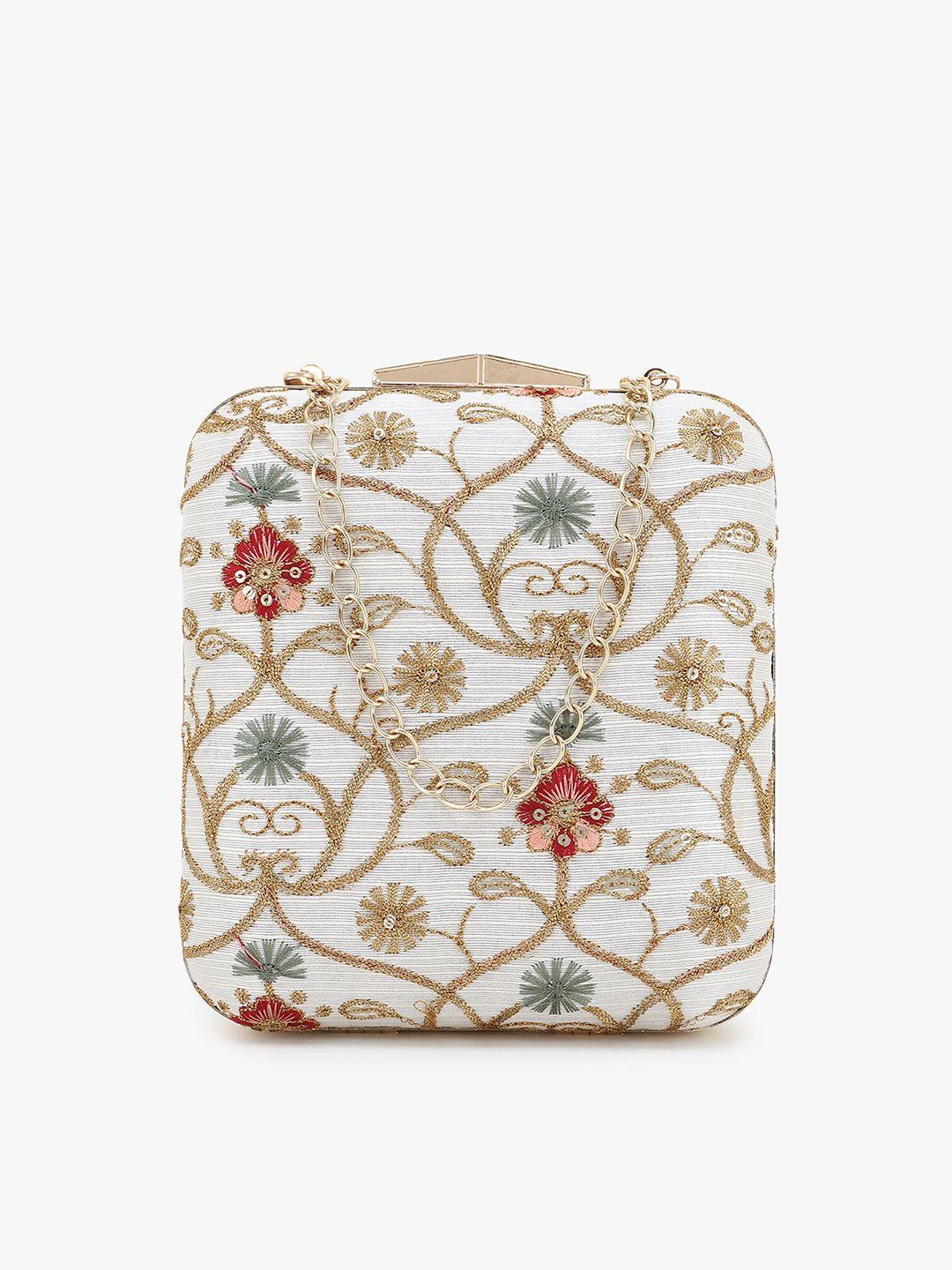 anekaant white & gold-toned embroidered box clutch