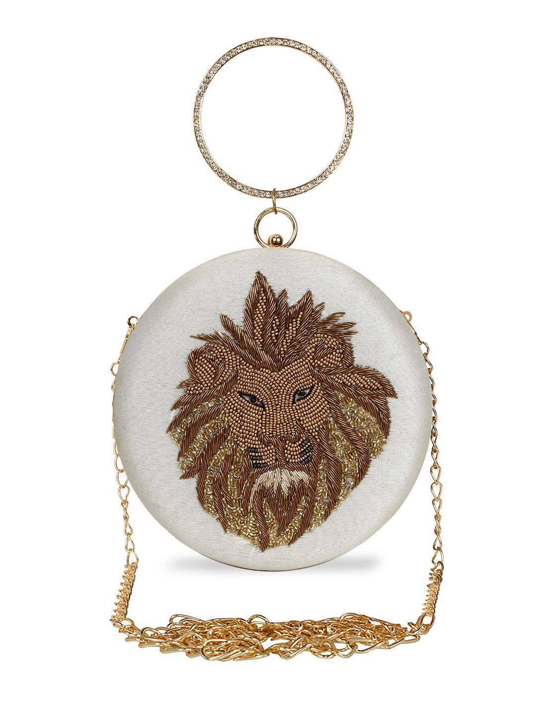 anekaant white & gold-toned leo zodiac embellished box clutch