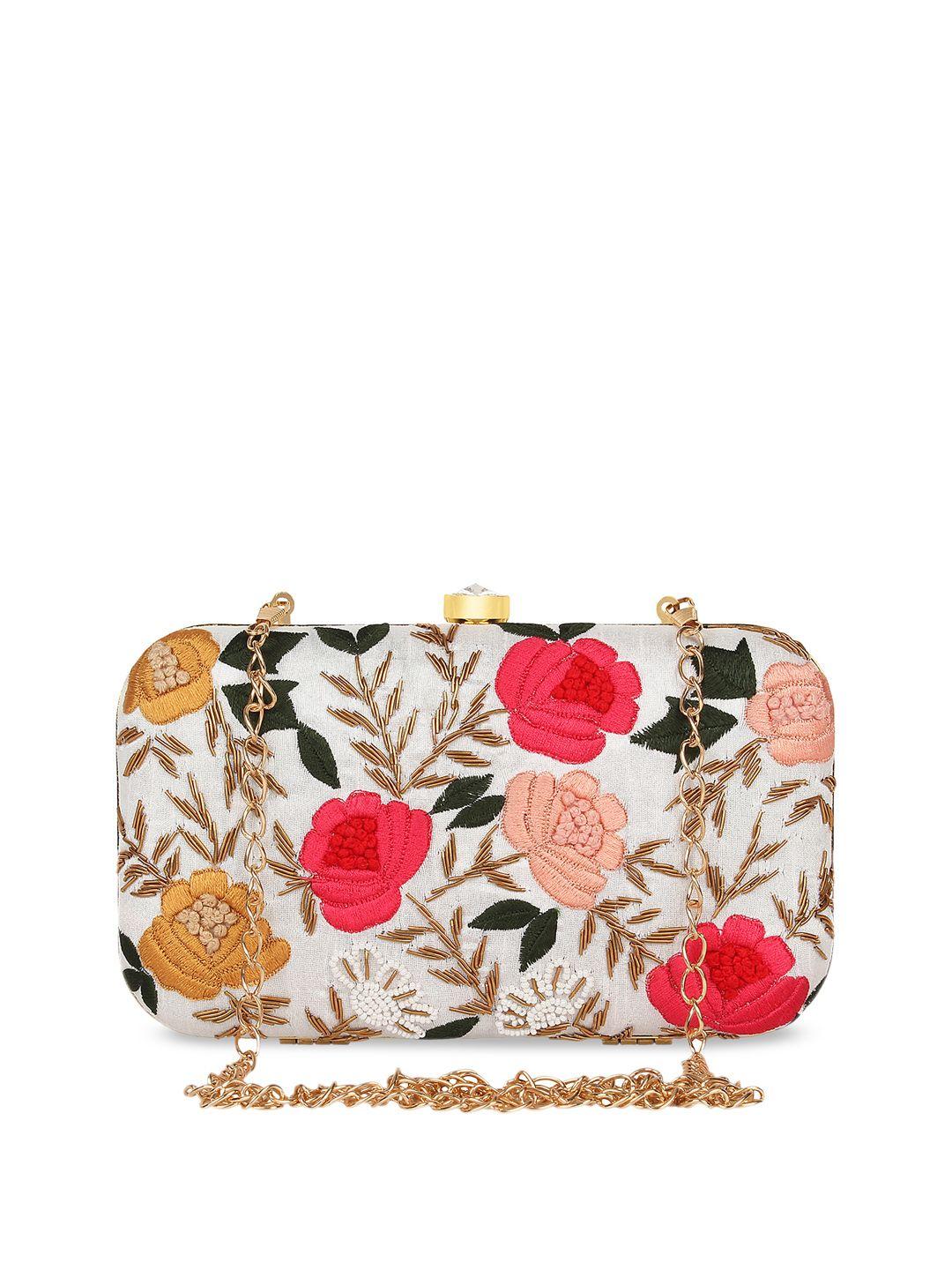 anekaant white & pink embroidered box clutch