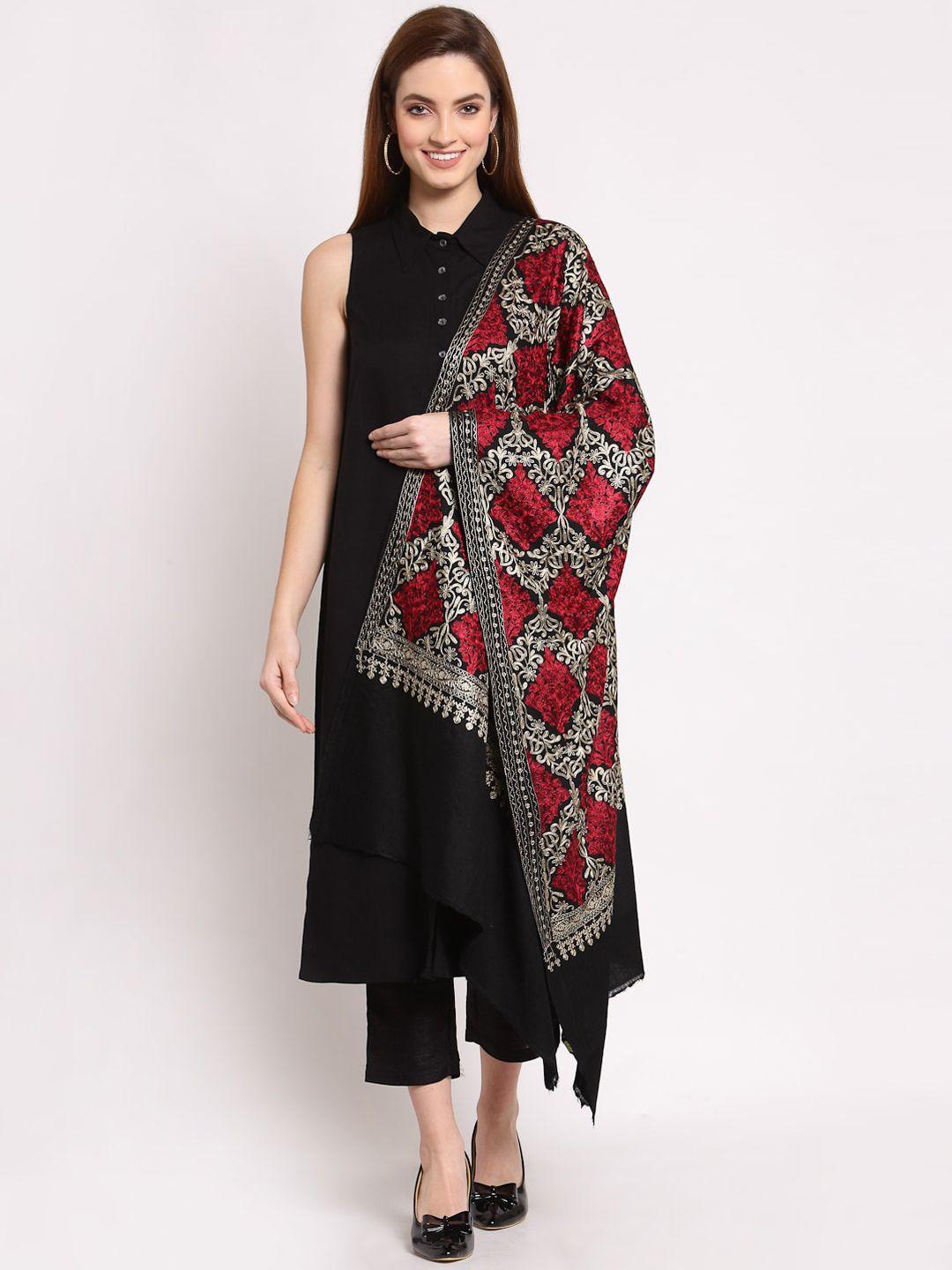 anekaant women black & maroon ethnic motifs embroidered woollen shawl