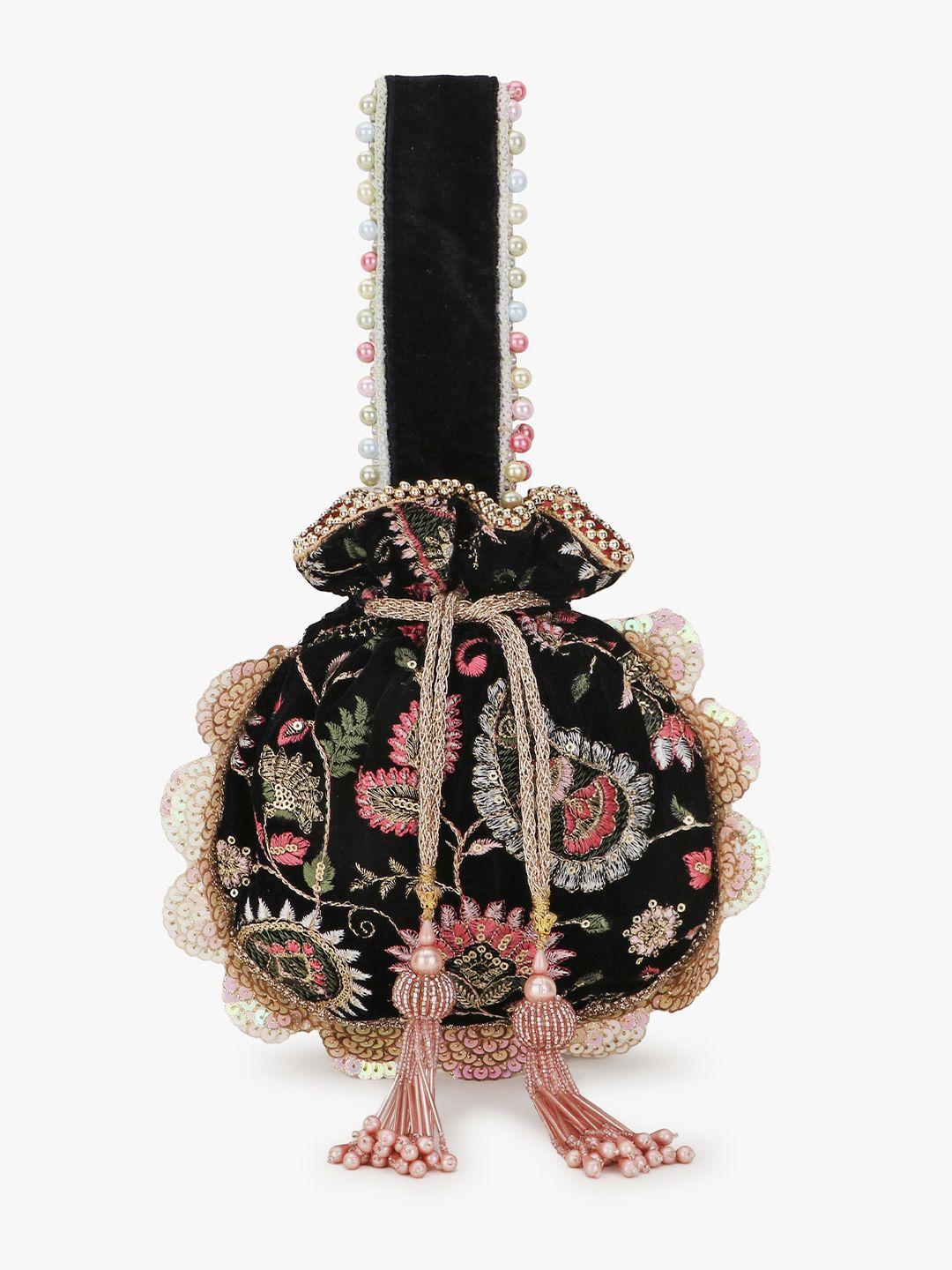 anekaant women black & pink embroidered potli clutch