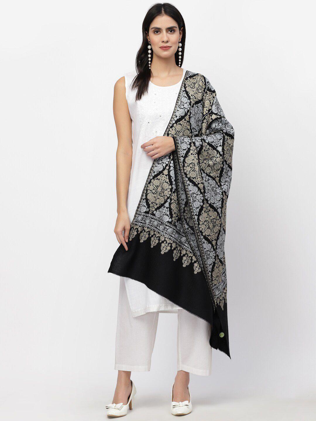 anekaant women black ethnic motif embroidered wool shawl