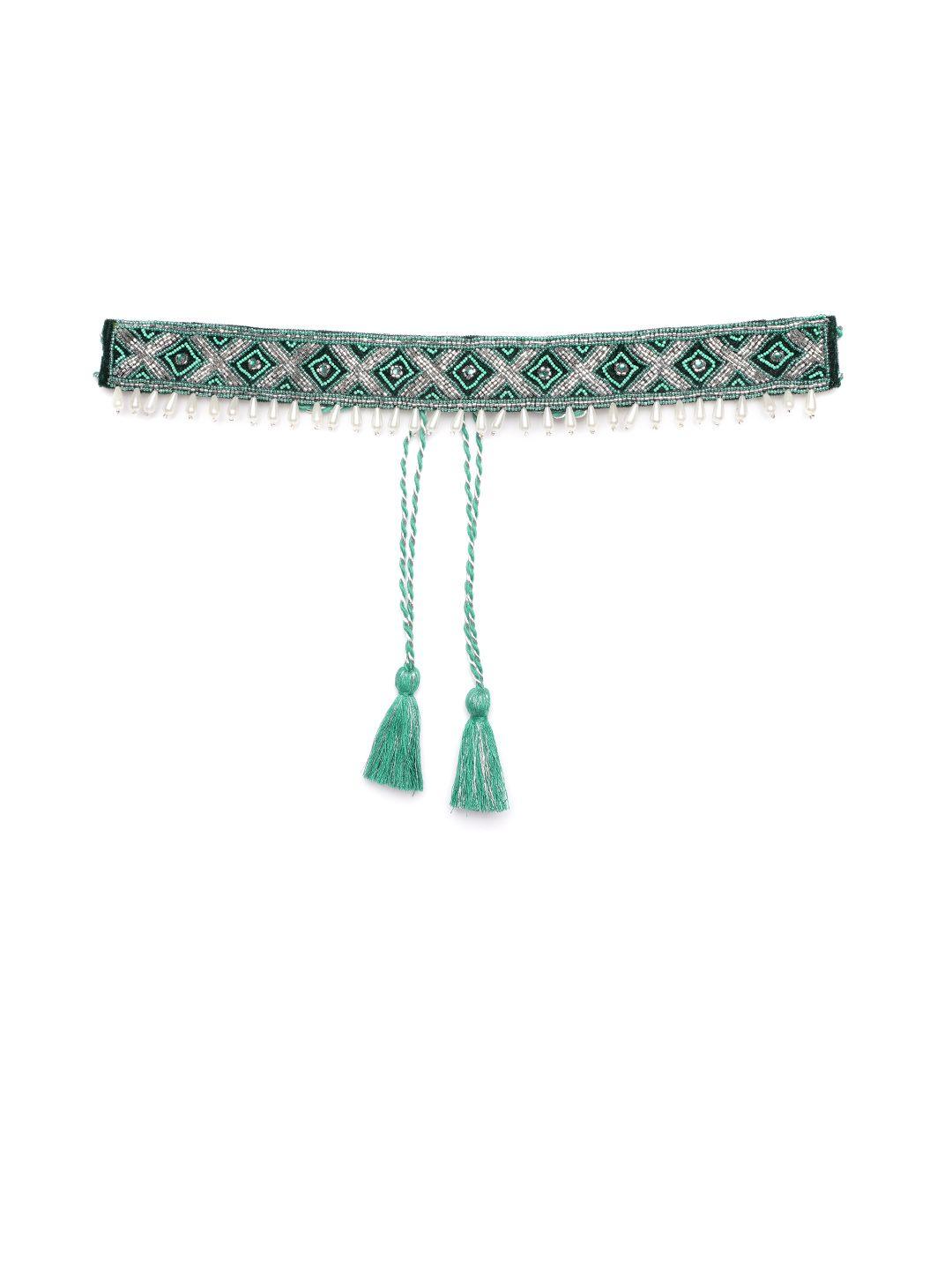 anekaant women green & silver-toned beaded velvet belt