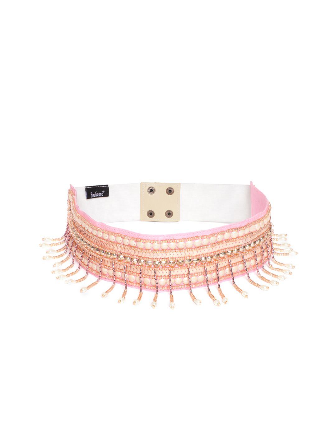 anekaant women peach-coloured & gold-toned beaded sequinned stretchable belt