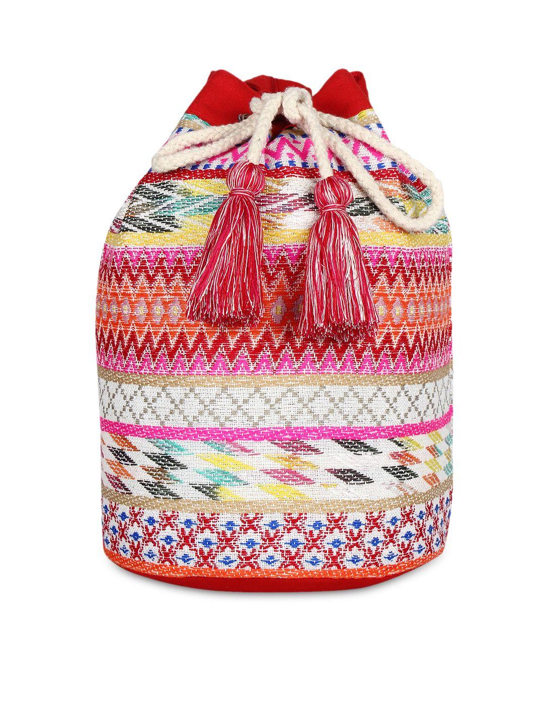 anekaant women pink & white jacquard backpack with woven design