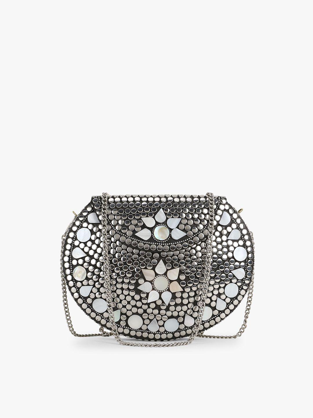 anekaant women silver-toned embellished half moon clutch