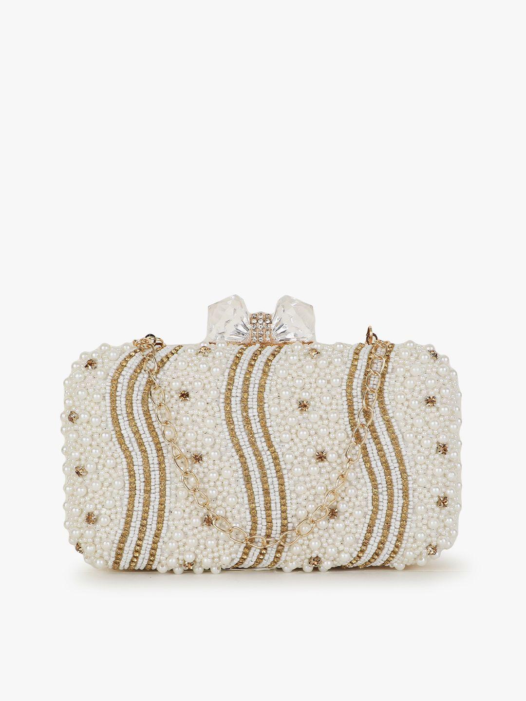 anekaant women white & gold-toned embellished box clutch