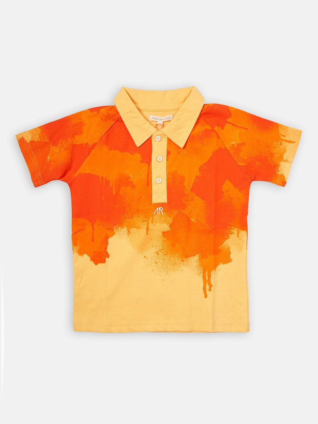 angel & rocket boys orange & cream-coloured printed polo collar t-shirt