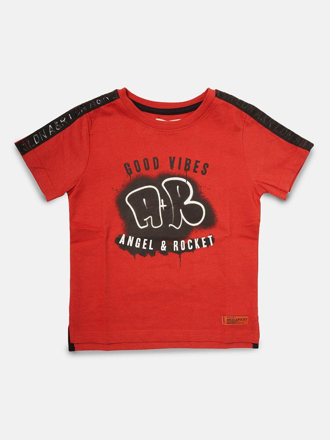 angel & rocket boys red typography printed applique t-shirt
