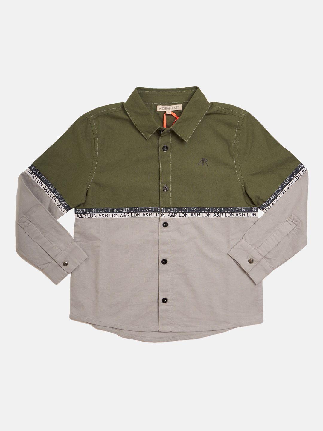 angel & rocket boys green classic colourblocked casual shirt