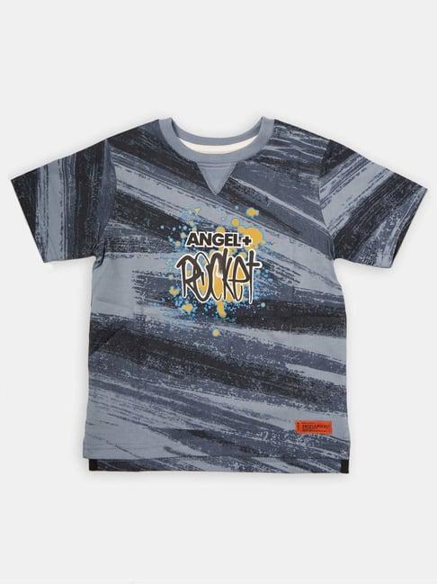 angel & rocket kids blue & grey cotton printed t-shirt