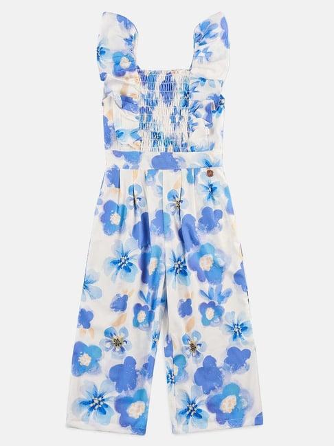 angel & rocket kids blue & white floral print jumpsuit