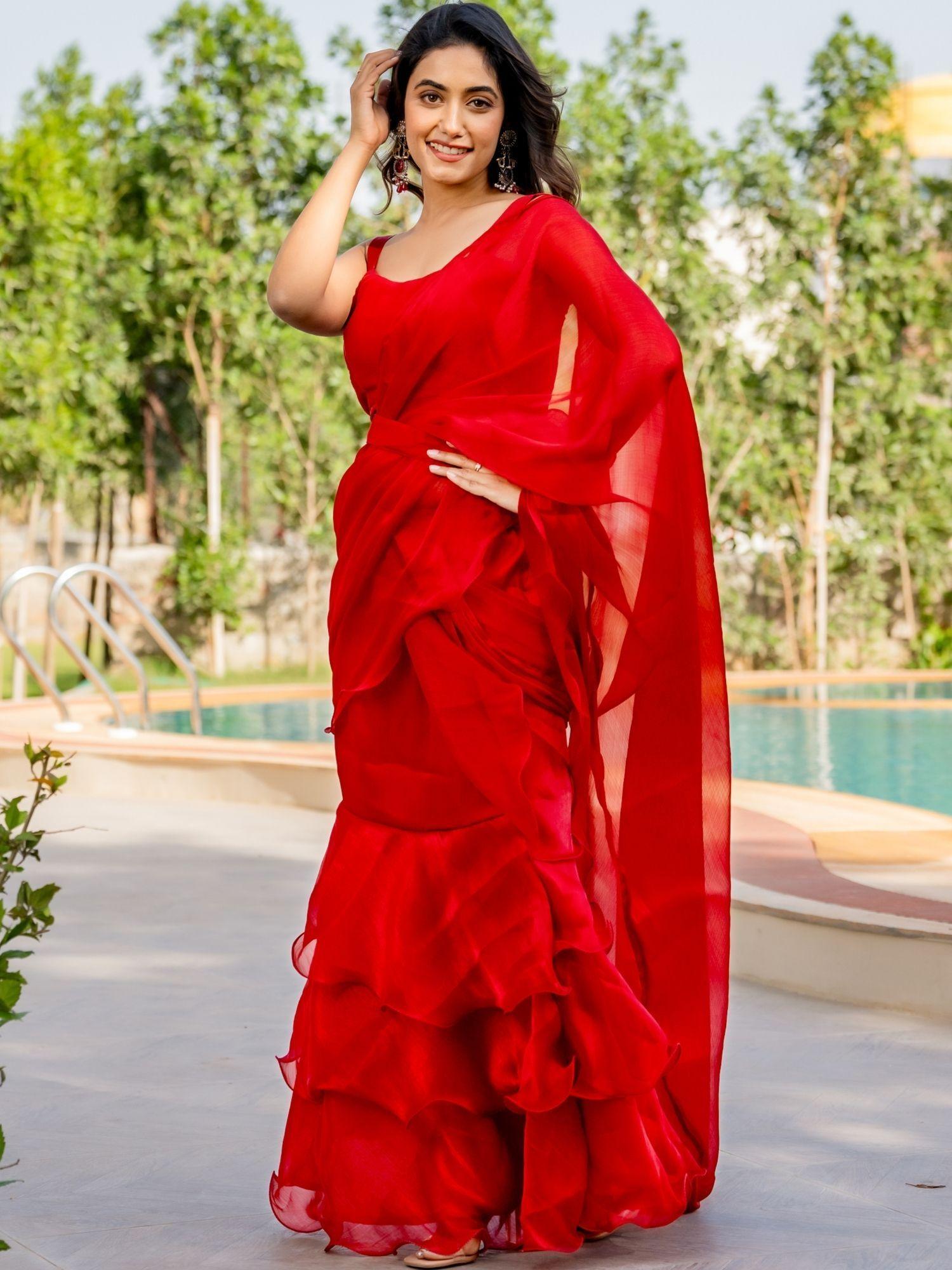 angel red shimmer ruffle saree with stitched blouse