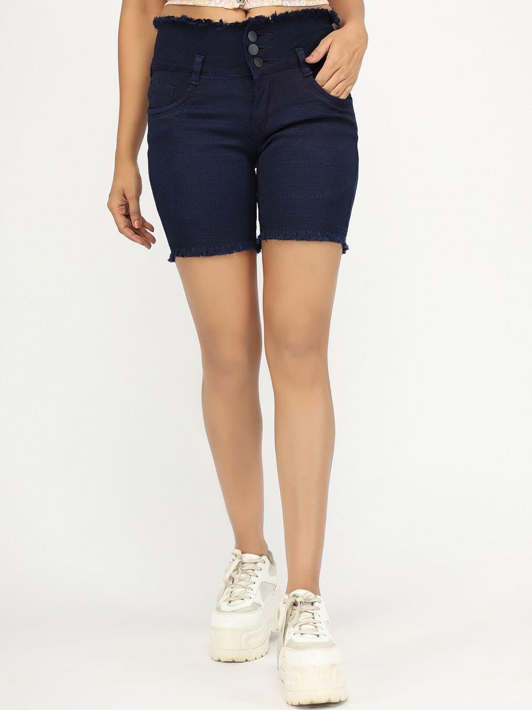 angelfab women navy blue high-rise denim denim shorts