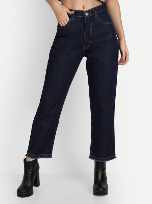 angelfab dark blue cotton straight fit high rise jeans