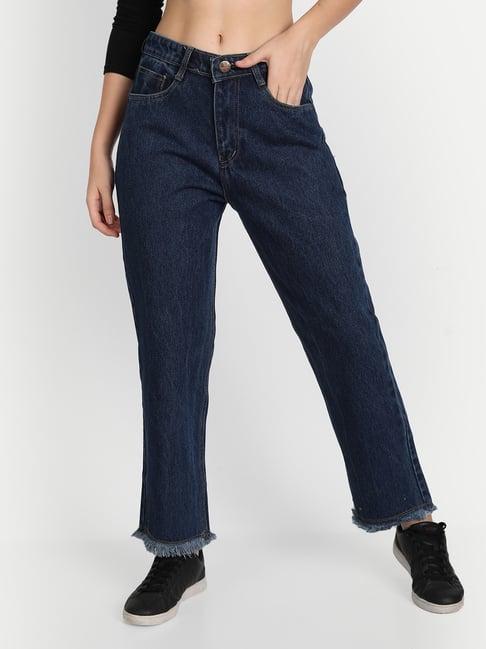 angelfab dark blue cotton straight fit high rise jeans