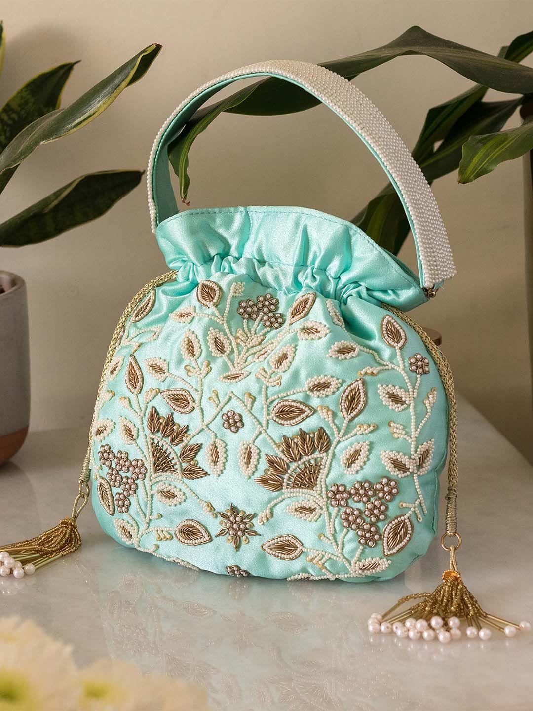 angeline blue & gold-toned embellished pearl & zardozi work potli bag