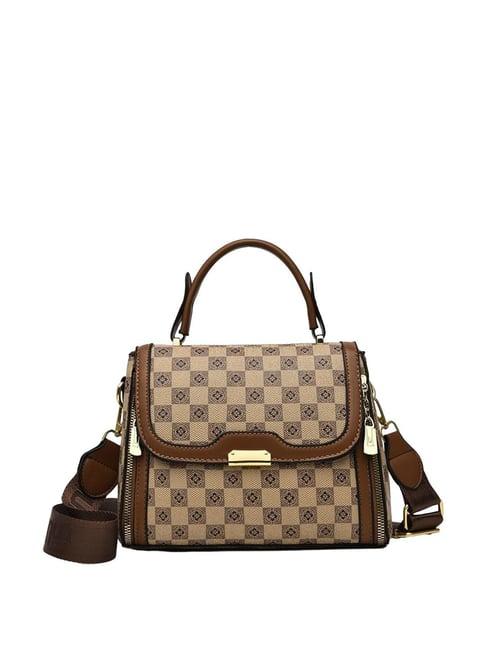 angeline tan printed medium satchel handbag