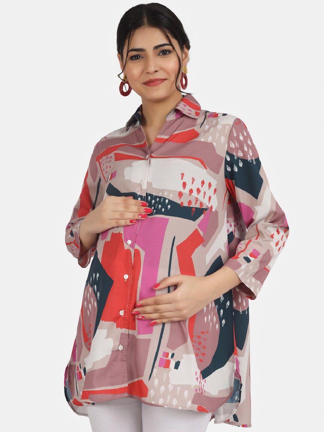 angloindu abstract printed three-quarter sleeves shirt style maternity top