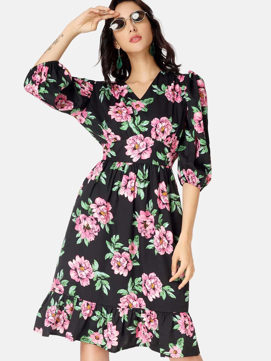 angloindu black floral crepe dress