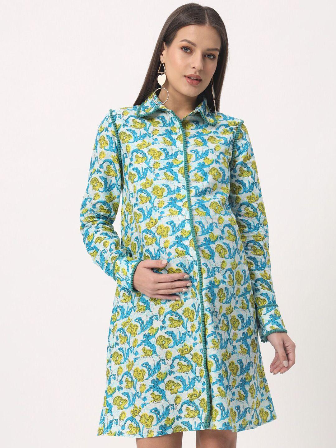 angloindu floral printed embellished maternity shirt dress