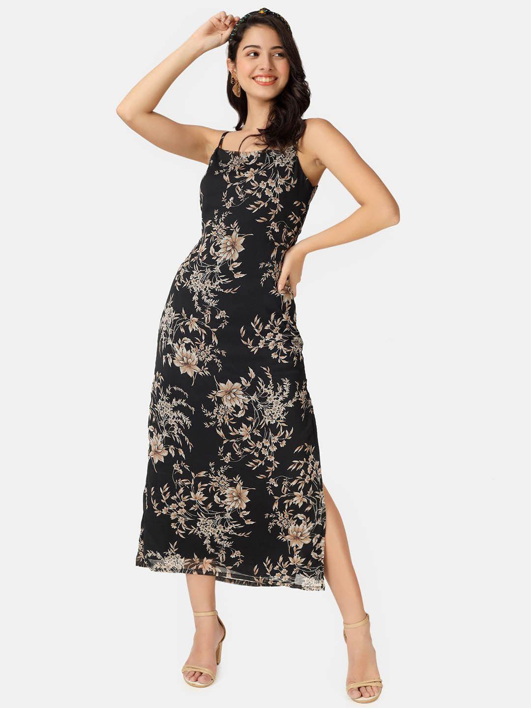 angloindu women black floral chiffon maxi dress