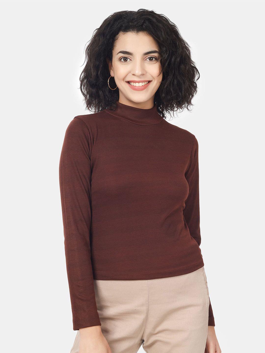 angloindu women brown v-neck drop-shoulder sleeves slim fit t-shirt