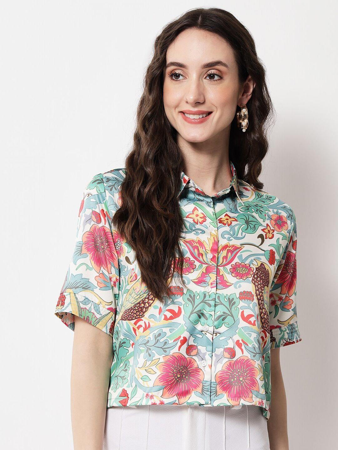 angloindu cream-coloured tropical print placement print shirt style top