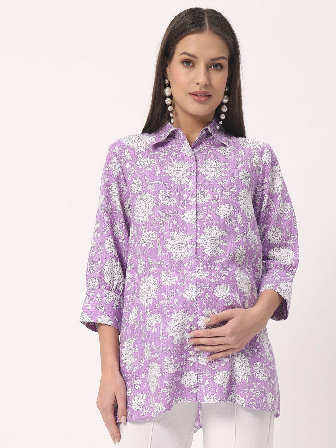 angloindu floral printed  cotton opaque spread collar maternity regular fit shirt