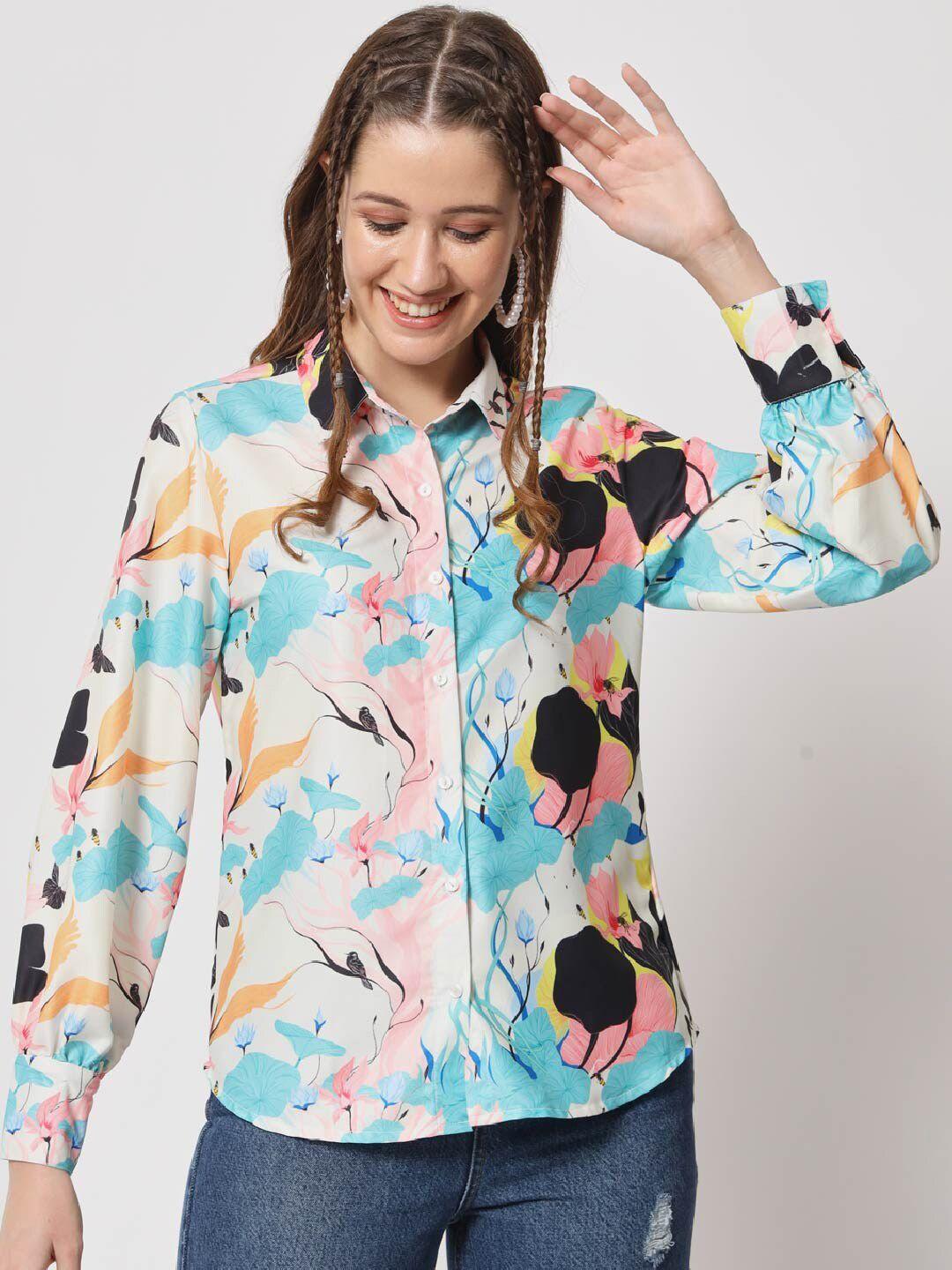 angloindu floral printed cuff sleeves crepe shirt style top