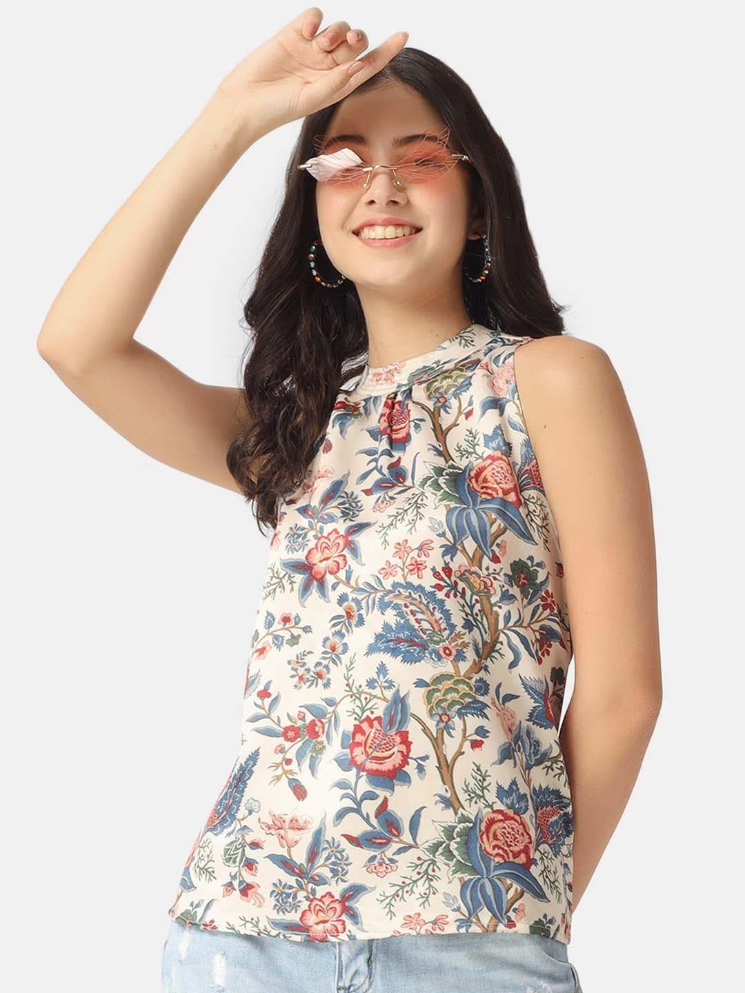 angloindu floral printed halter neck sleeveless satin top