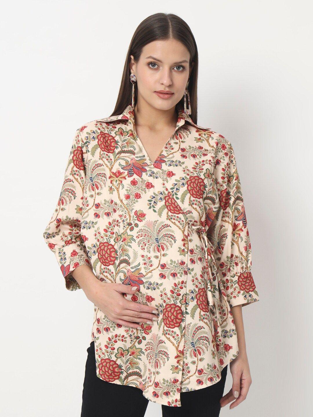 angloindu floral printed shirt collar maternity wrap top