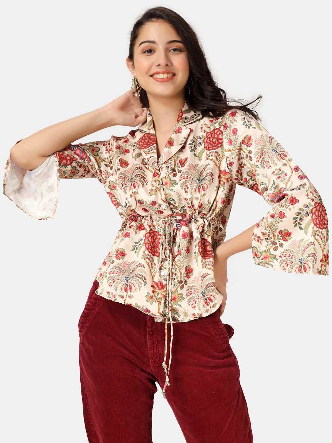 angloindu floral printed slit sleeve waist tie-up satin shirt style top