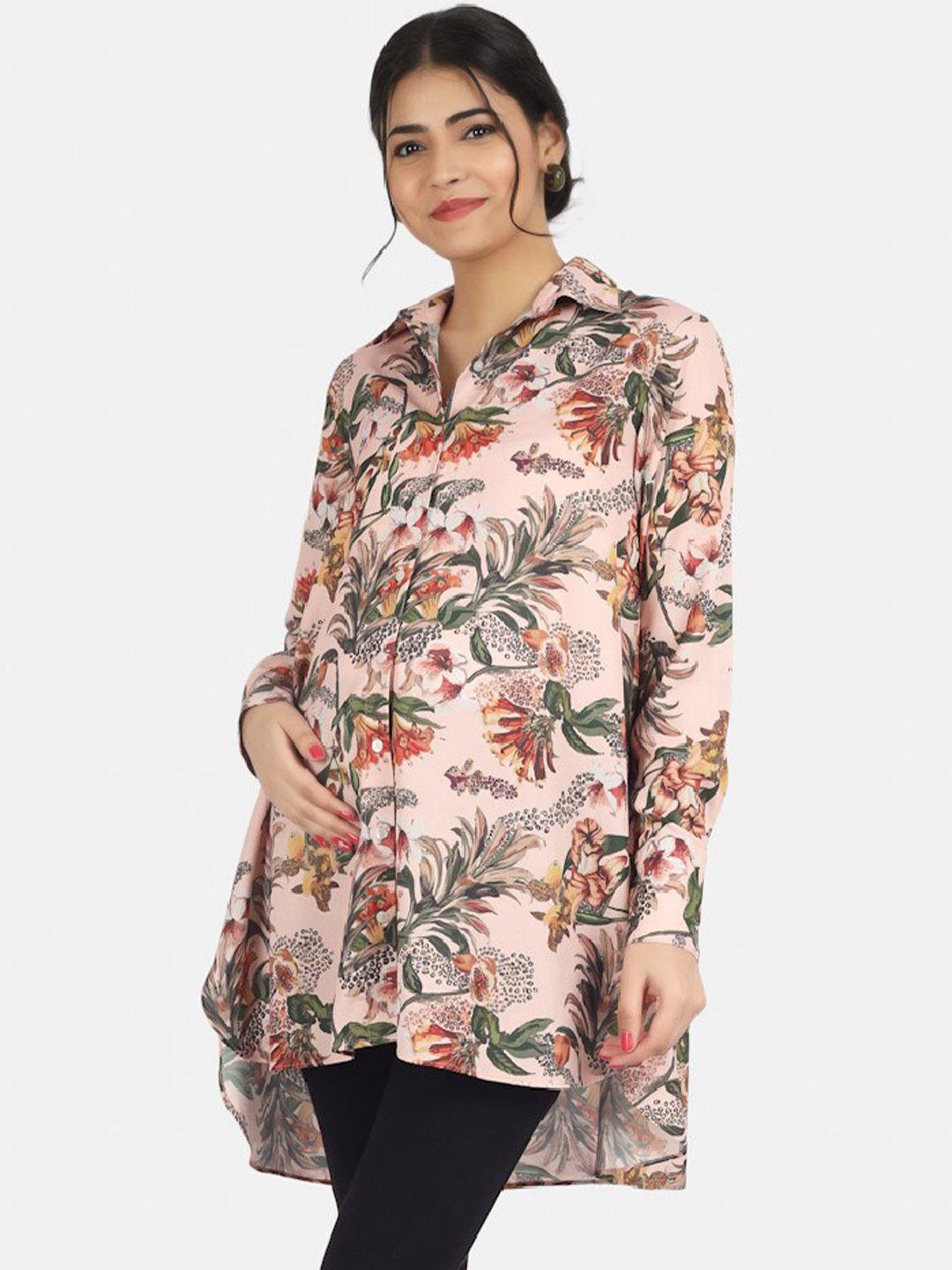 angloindu spread collar high-low floral printed maternity shirt