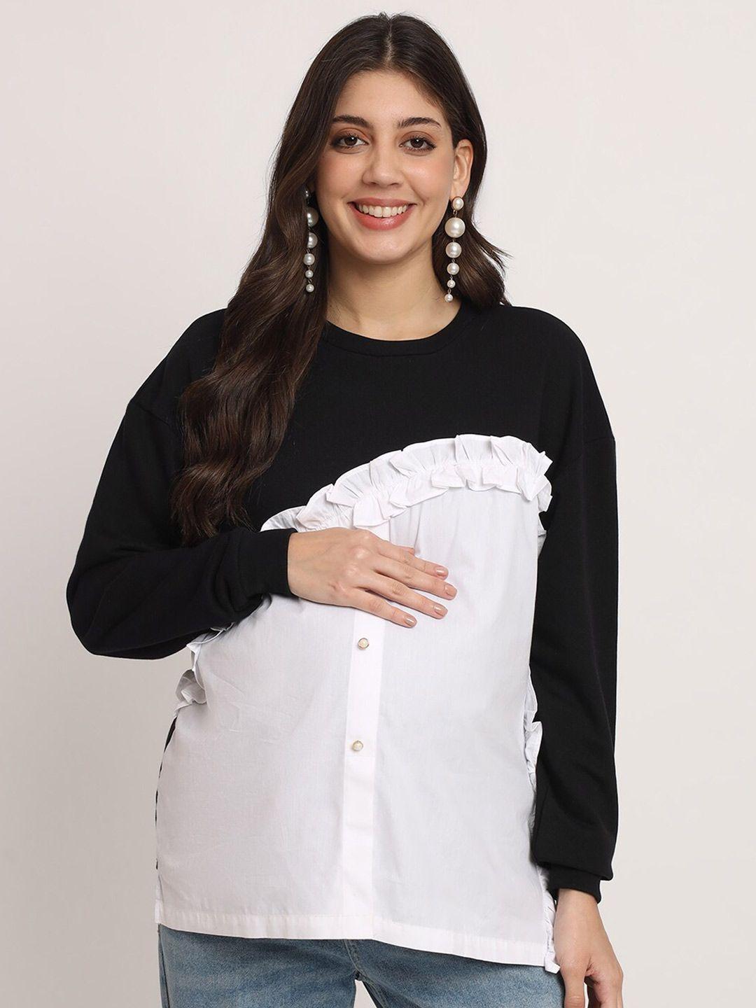 angloindu white & black colourblocked ruffles cotton shirt style longline top