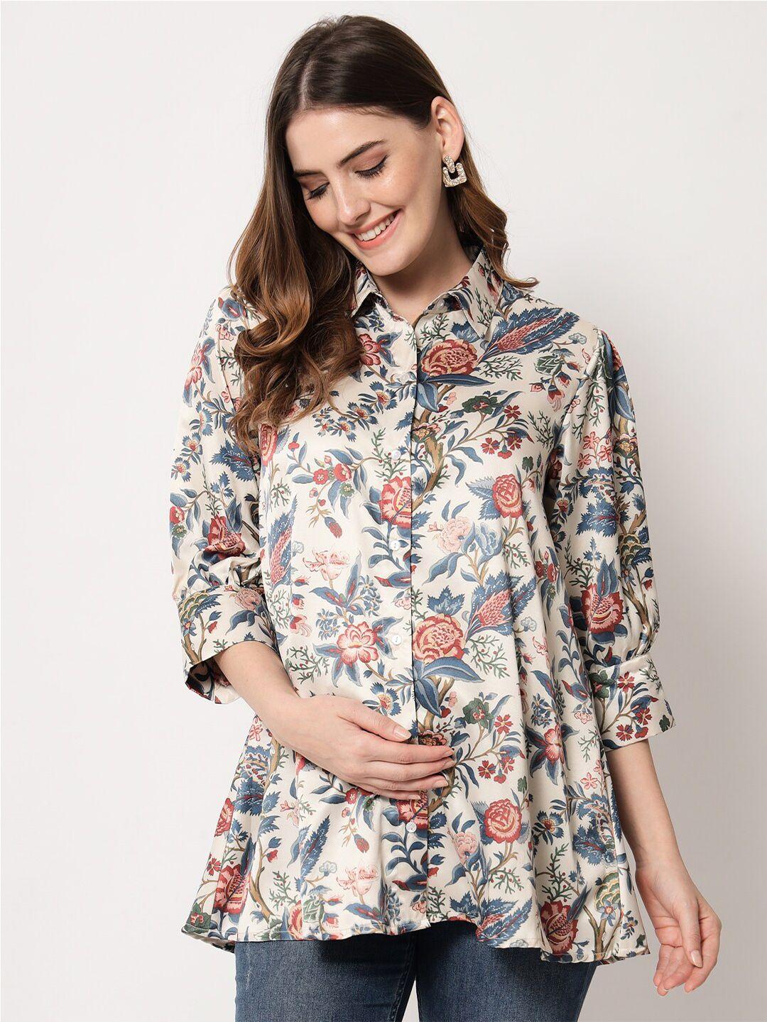 angloindu women beige floral print maternity shirt style top