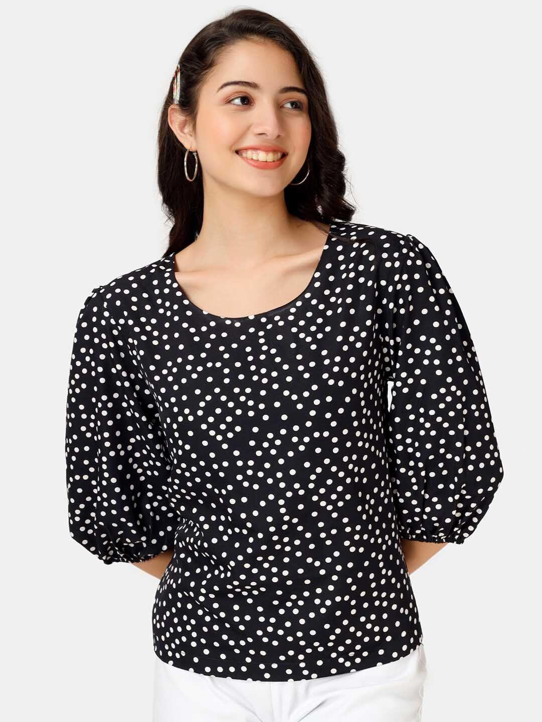 angloindu women black & white print crepe polka dot top