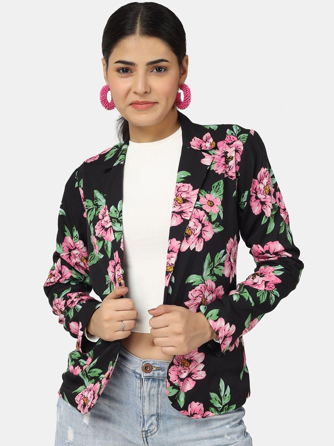 angloindu women black floral crop tailored jacket with embroidered