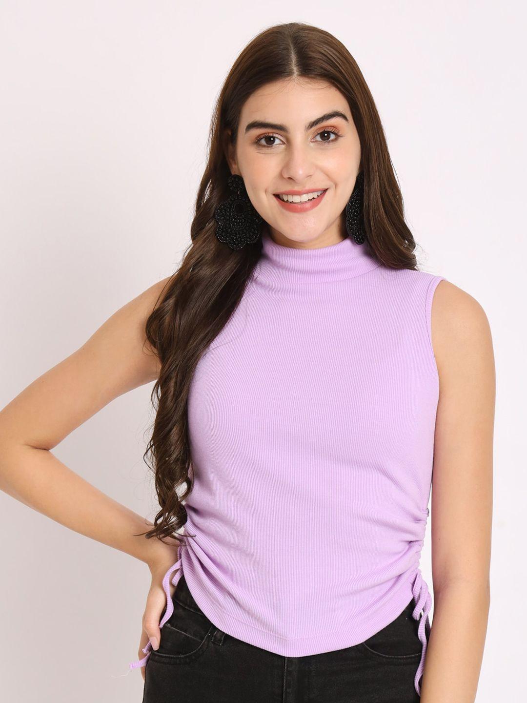 angloindu women lavender high neck bio finish pockets slim fit t-shirt