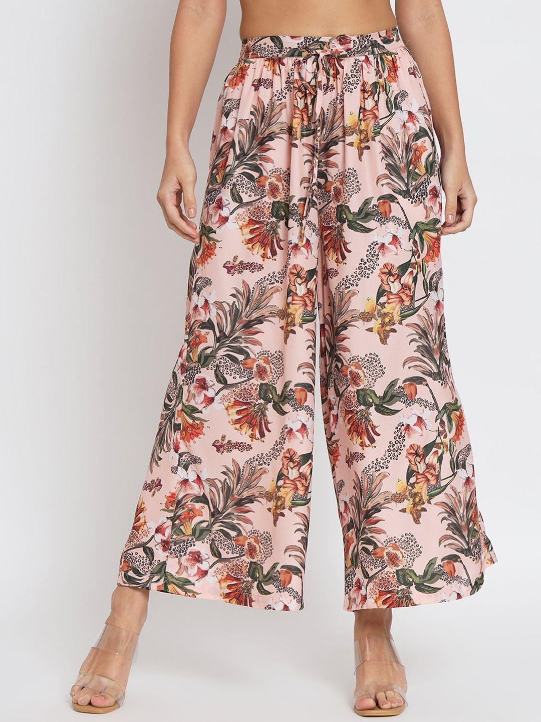 angloindu women peach-coloured floral printed loose fit culottes trousers