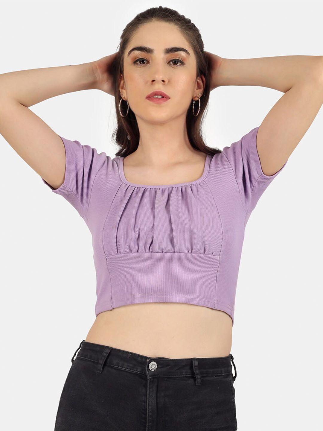 angloindu women purple solid pleated slim fit  crop t-shirt