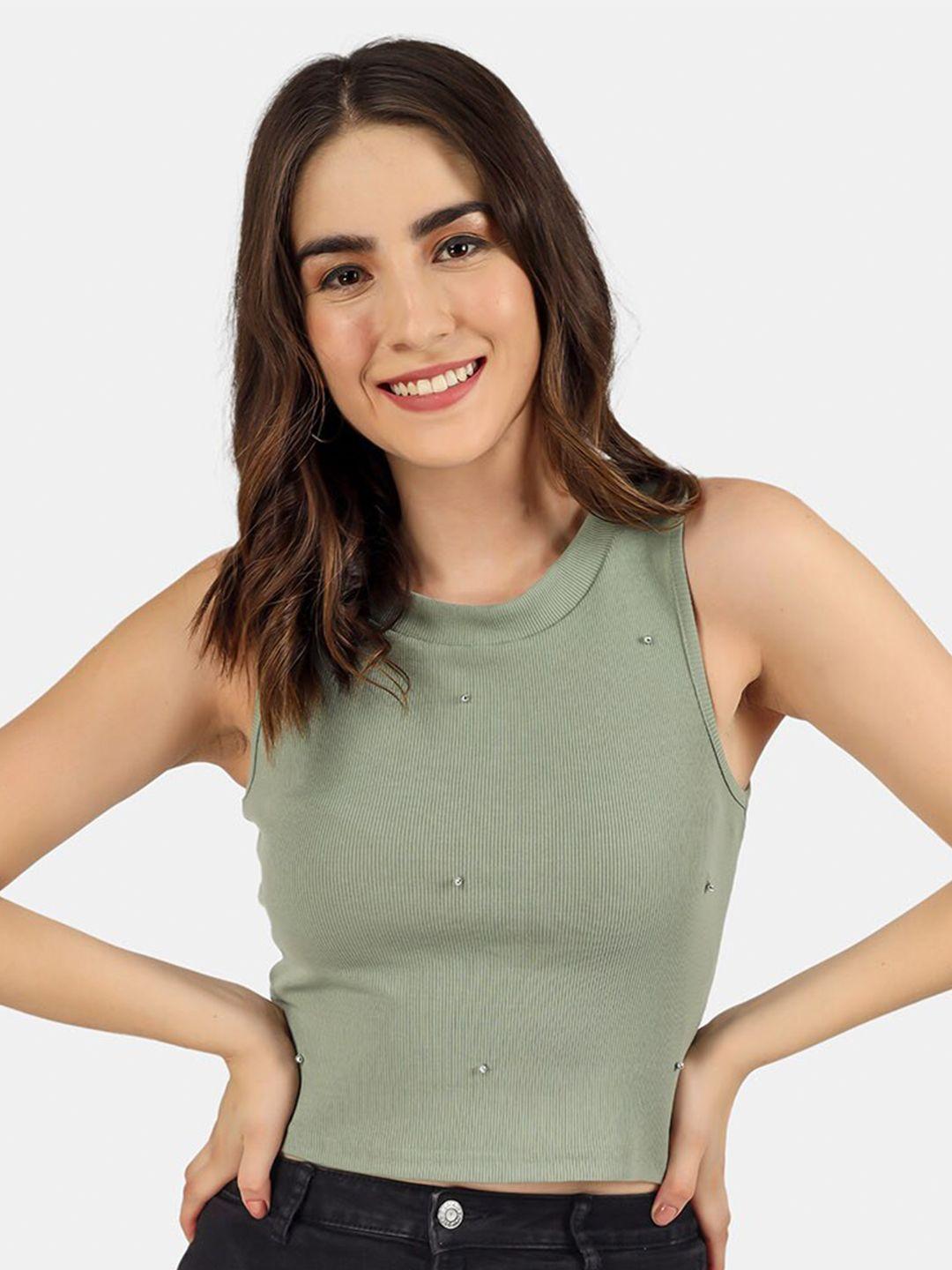 angloindu women sea green slim fit t-shirt