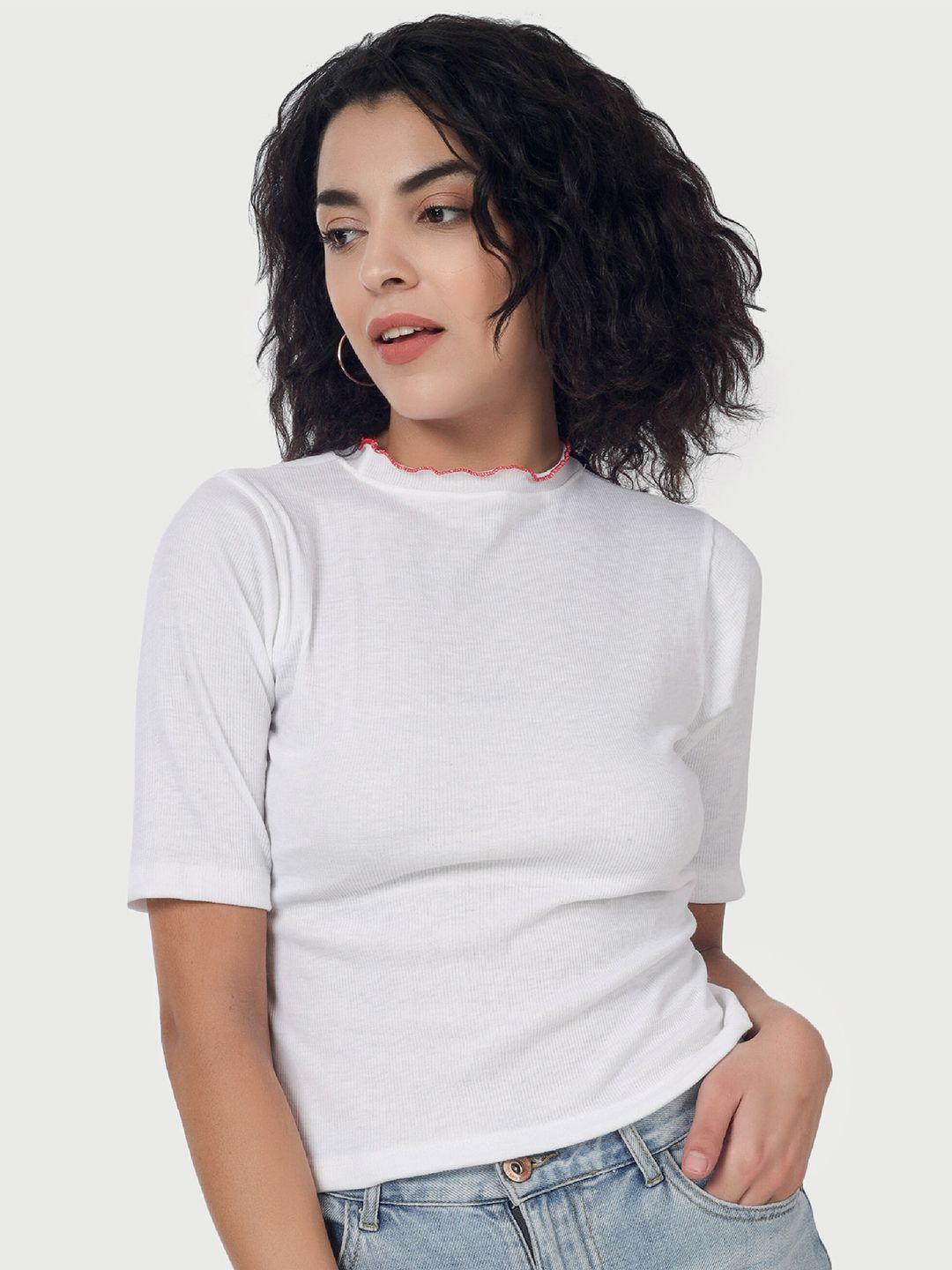 angloindu women white v-neck indigo slim fit t-shirt