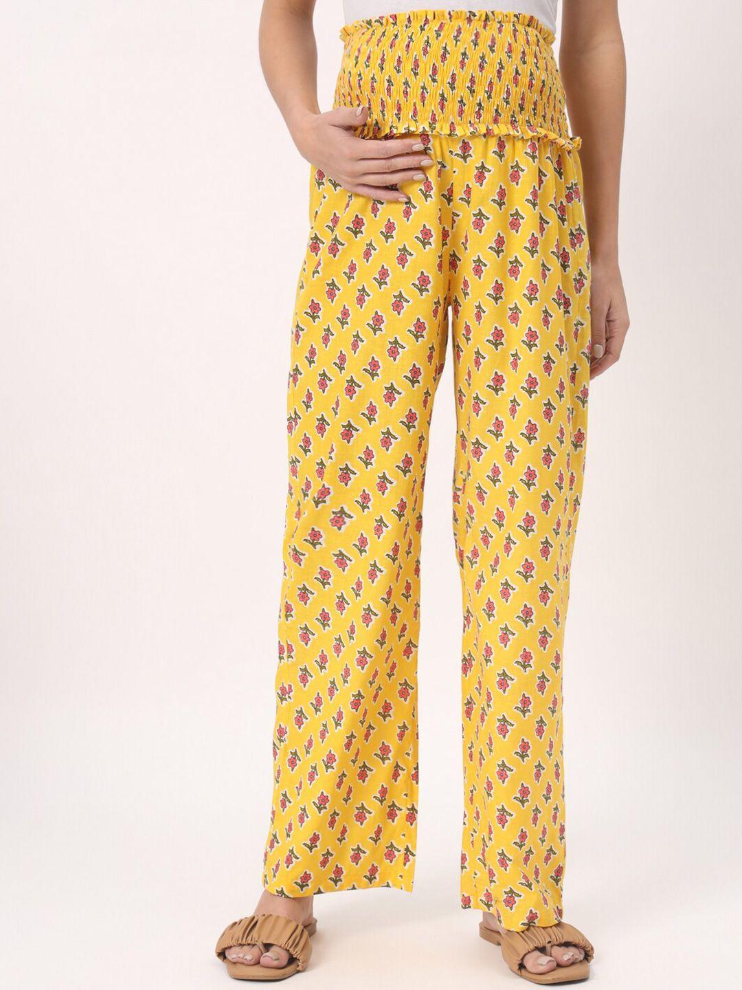 angloindu women yellow floral printed straight fit high-rise easy wash maternity trousers