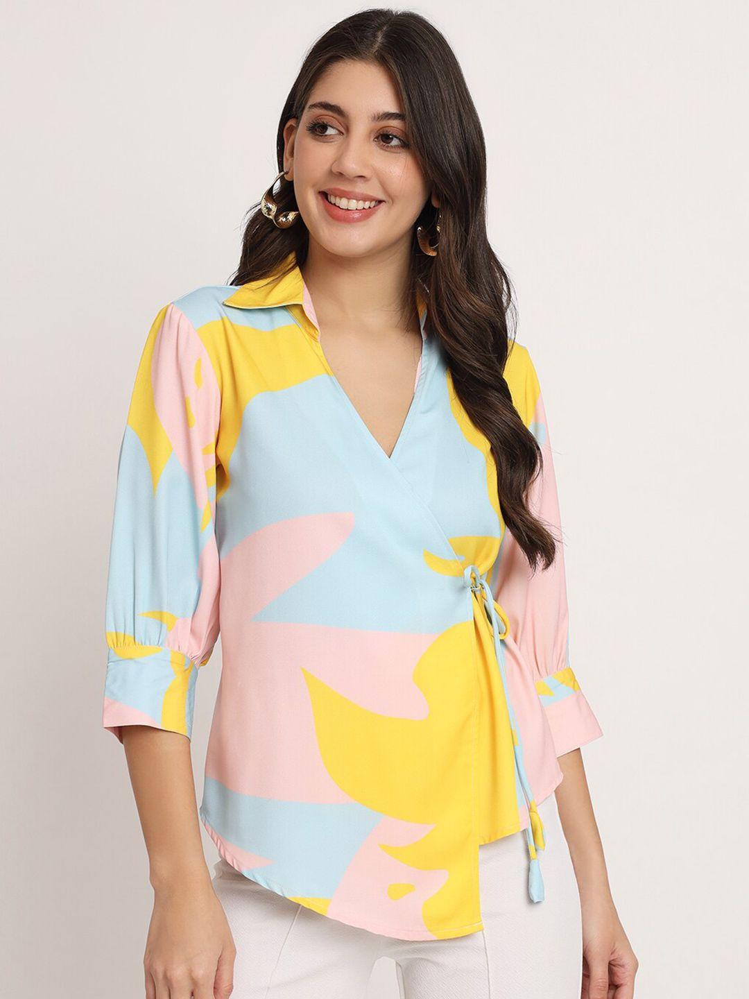 angloindu yellow & blue print puff sleeve crepe wrap top