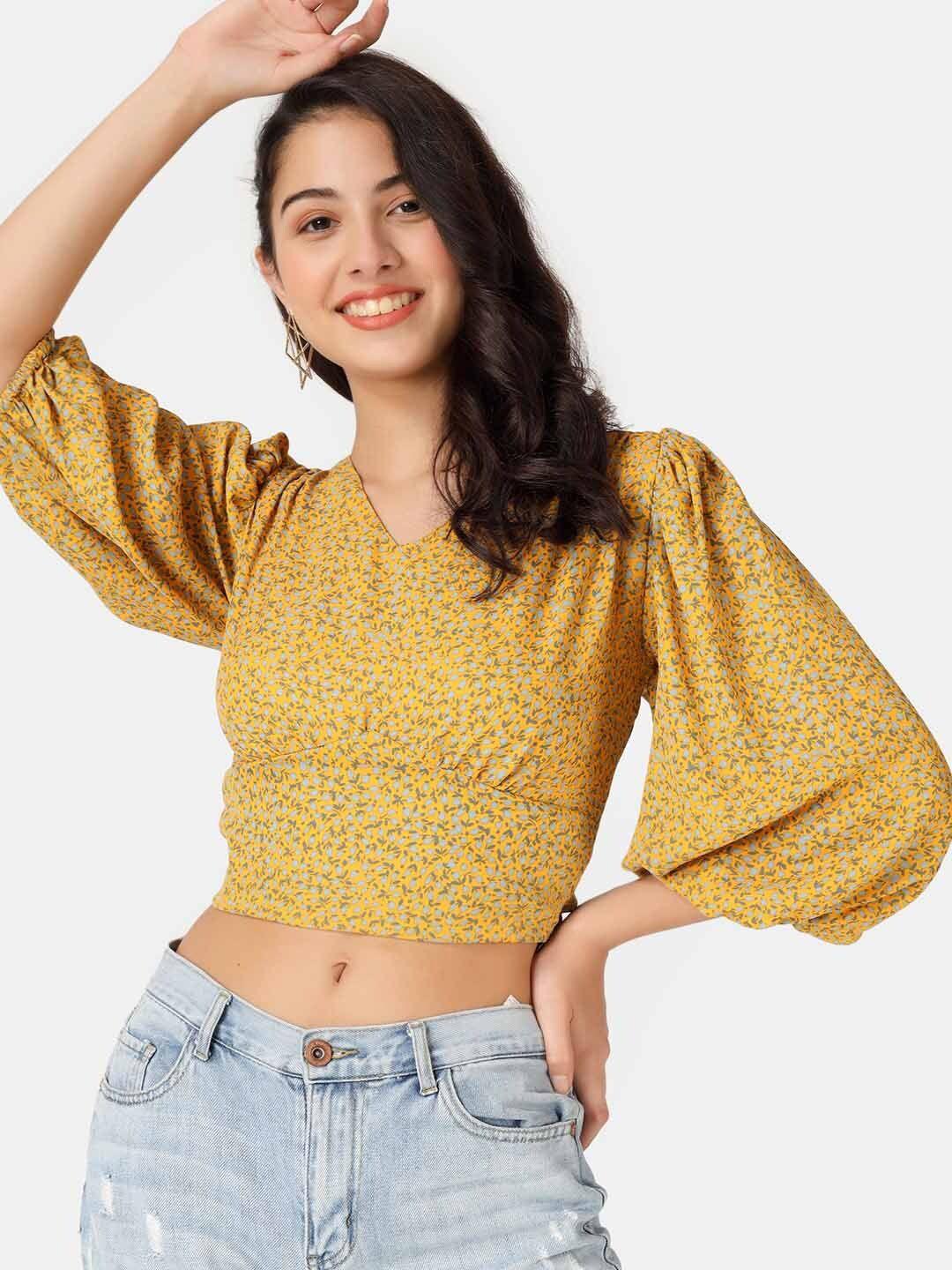 angloindu yellow floral print crepe blouson crop top