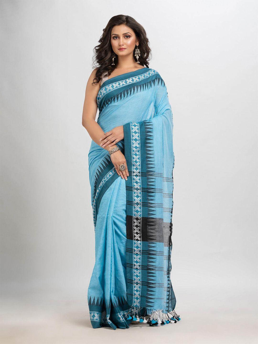 angoshobha blue woven design pure cotton handloom saree